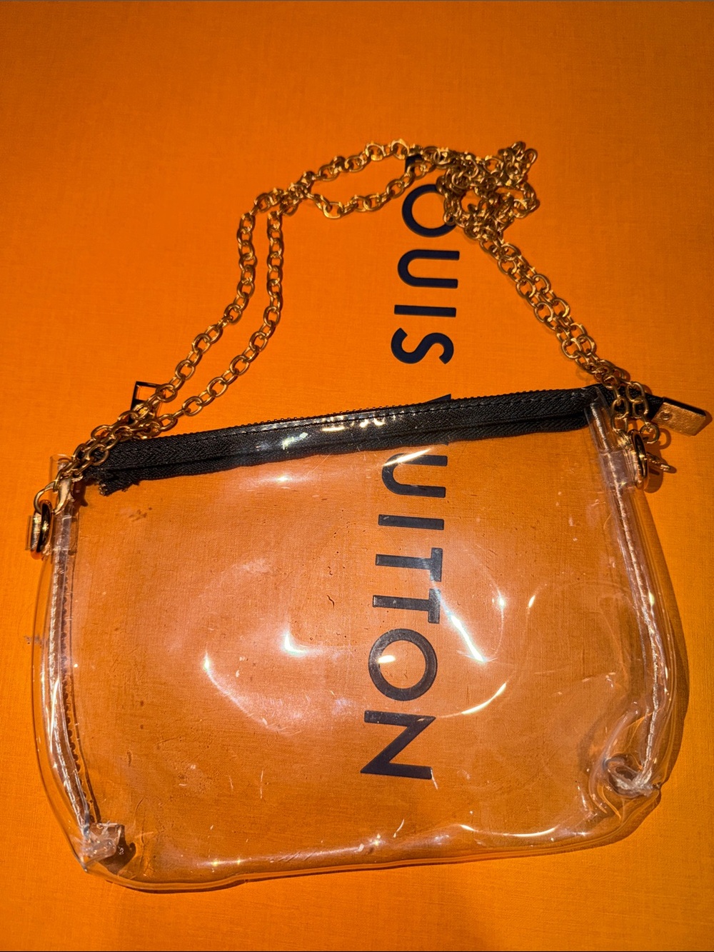 Clear PVC Crossbody Bag with Gold Chain Strap - Black Trim